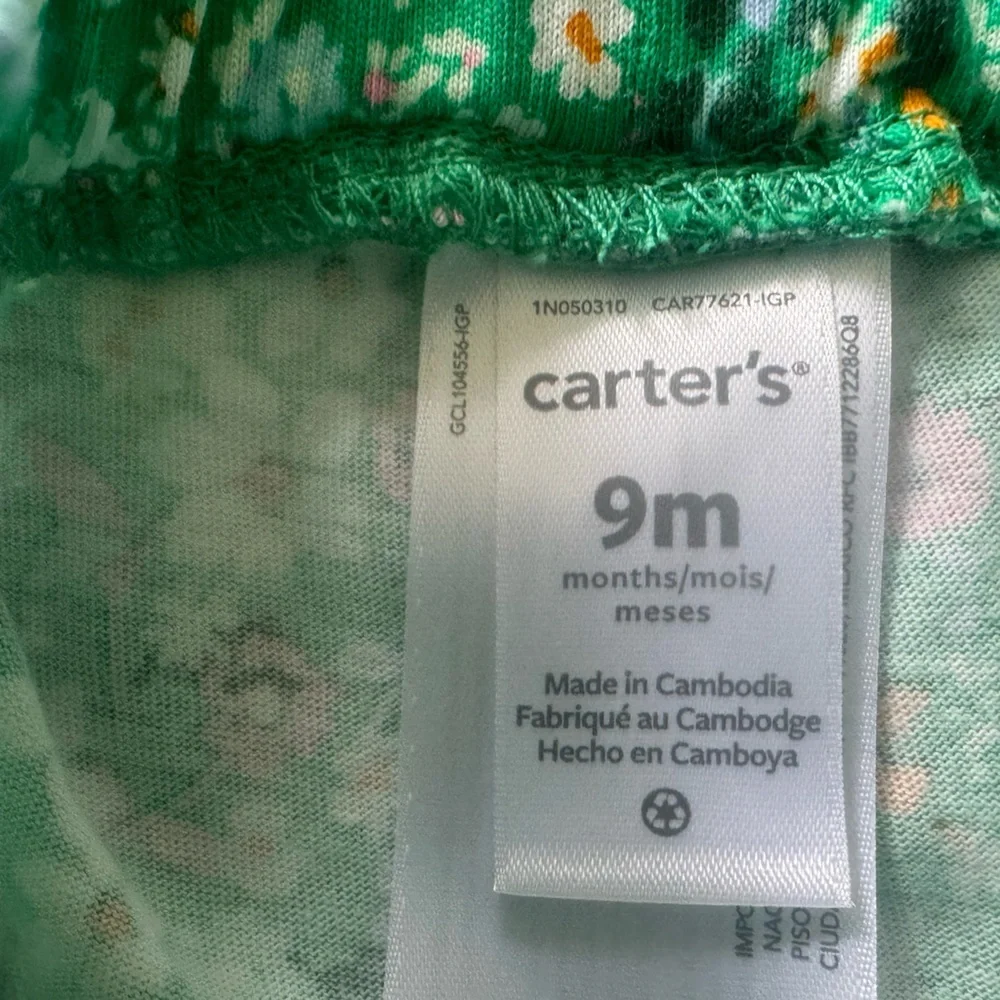 Carter's Baby Infant Girls'  Green Floral Bow Pants 9 Months 100% Cotton‎